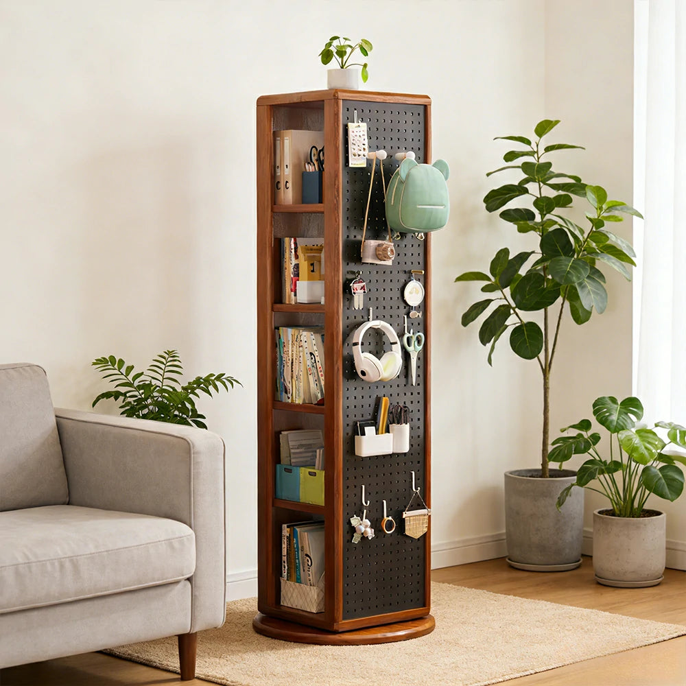 LIVARA Rotating Solid Wood Dressing Mirror & Bookshelf - Three Sixty Swivel Full-Length Mirror with Storage Shelves & Pegboard for Kids Room - Walnut