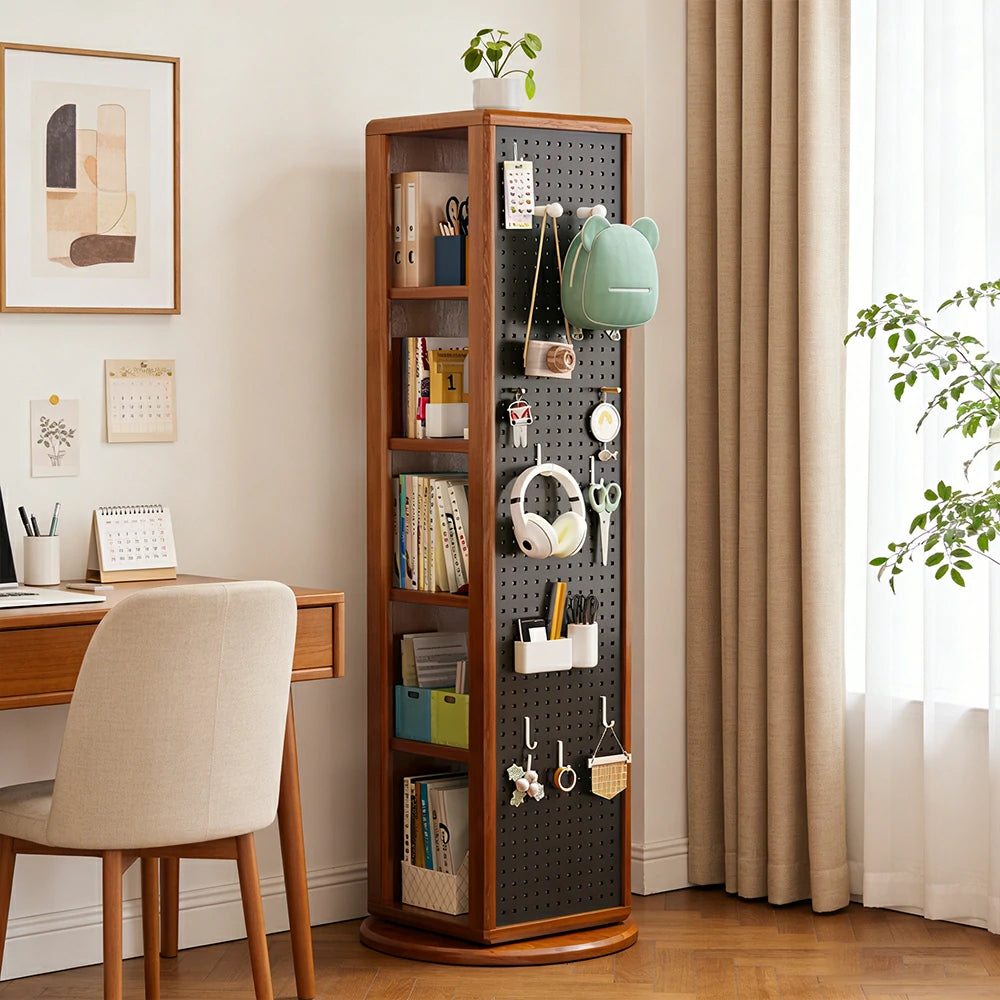 LIVARA Rotating Solid Wood Dressing Mirror & Bookshelf - Three Sixty Swivel Full-Length Mirror with Storage Shelves & Pegboard for Kids Room - Walnut