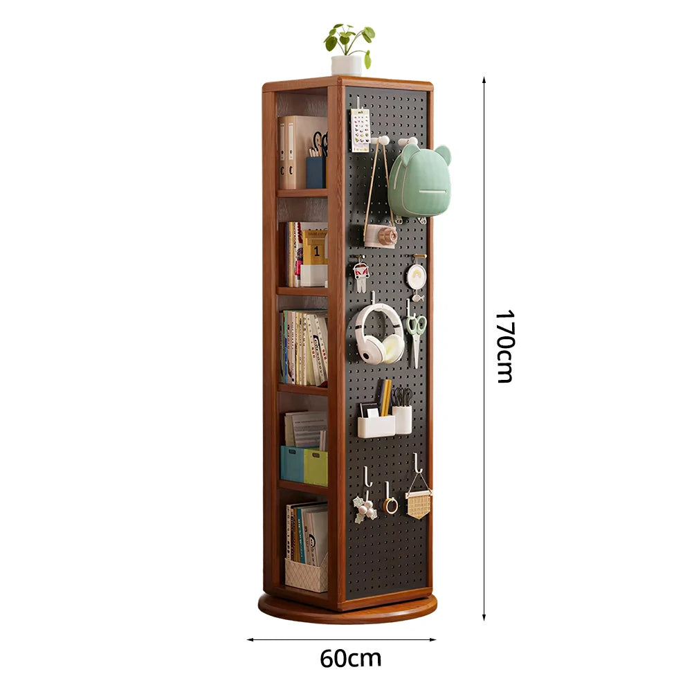 LIVARA Rotating Solid Wood Dressing Mirror & Bookshelf - Three Sixty Swivel Full-Length Mirror with Storage Shelves & Pegboard for Kids Room - Walnut