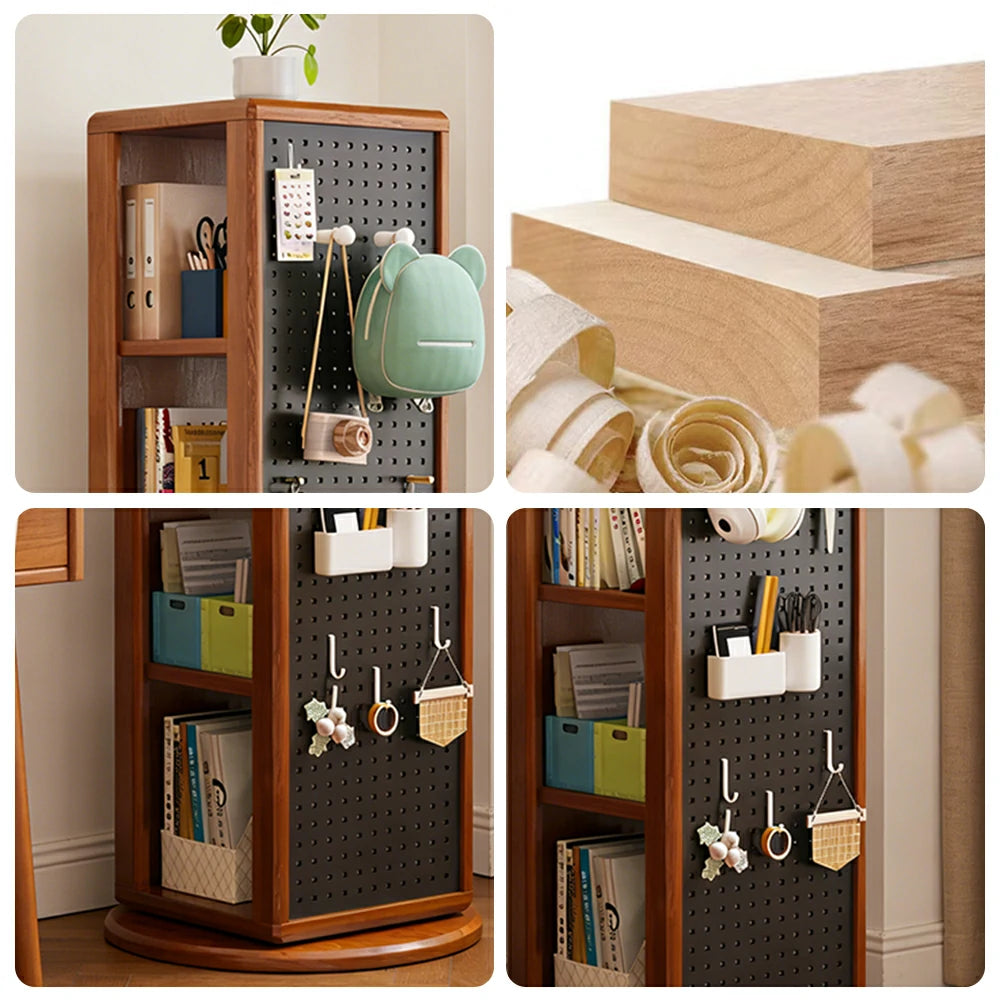 LIVARA Rotating Solid Wood Dressing Mirror & Bookshelf - Three Sixty Swivel Full-Length Mirror with Storage Shelves & Pegboard for Kids Room - Walnut