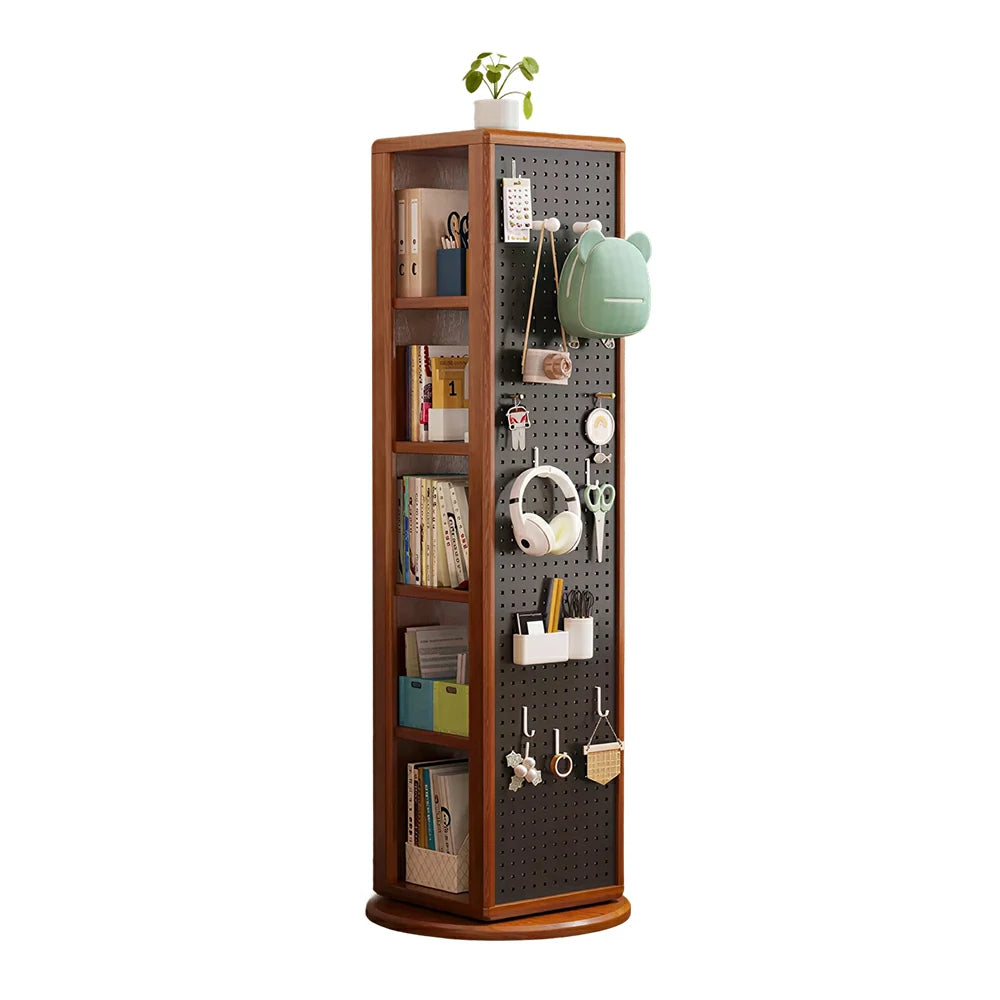 LIVARA Rotating Solid Wood Dressing Mirror & Bookshelf - Three Sixty Swivel Full-Length Mirror with Storage Shelves & Pegboard for Kids Room - Walnut