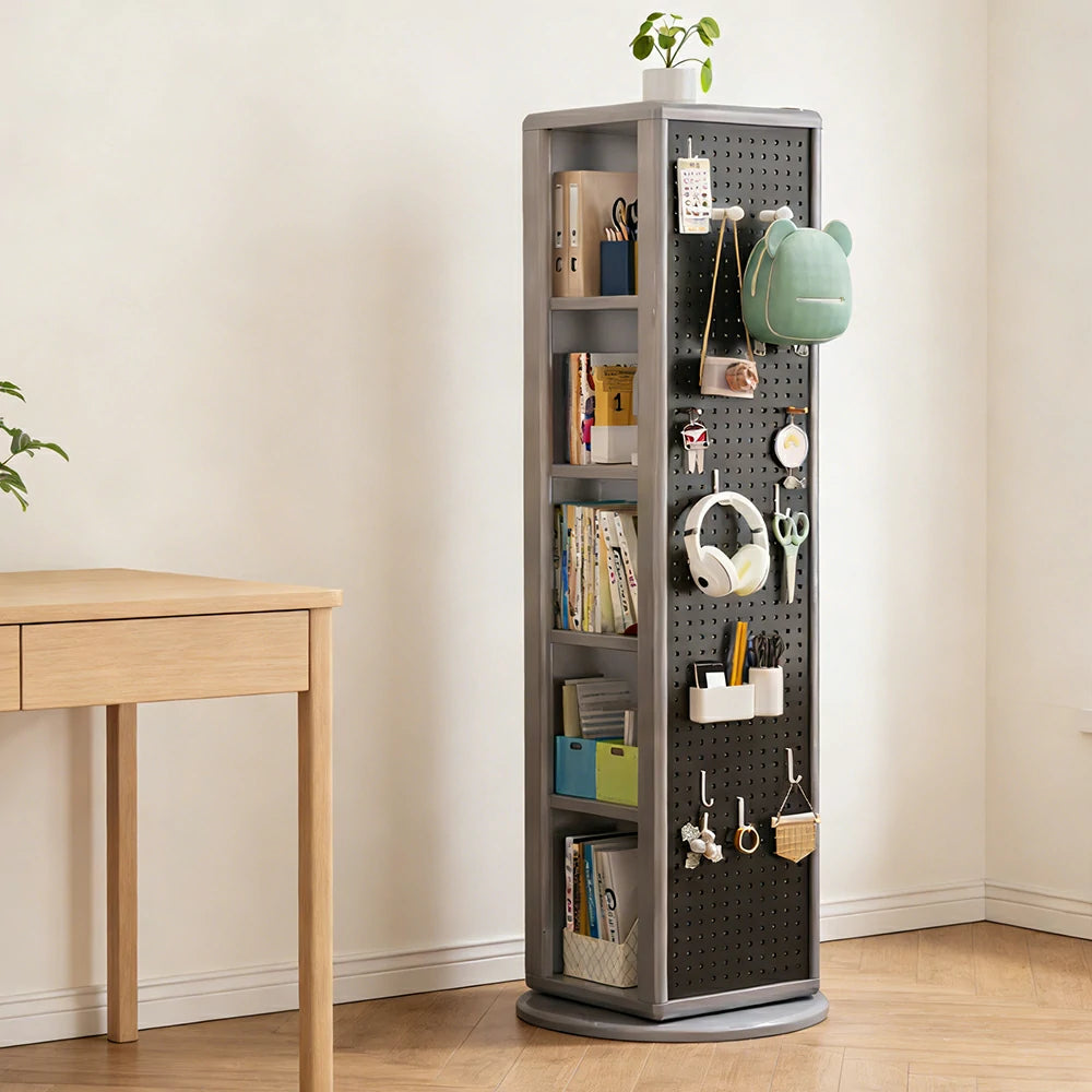 LIVARA Rotating Solid Wood Dressing Mirror & Bookshelf - Three Sixty Swivel Full-Length Mirror with Storage Shelves & Pegboard for Kids Room - Grey