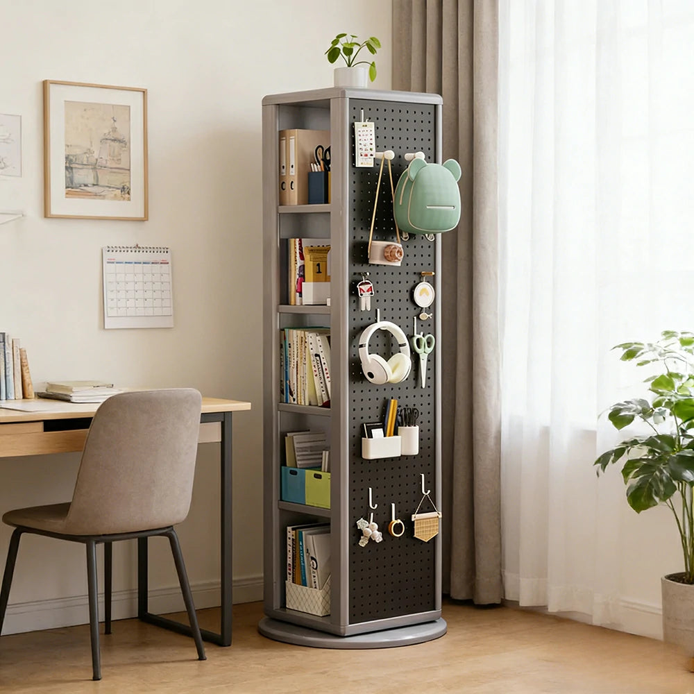 LIVARA Rotating Solid Wood Dressing Mirror & Bookshelf - Three Sixty Swivel Full-Length Mirror with Storage Shelves & Pegboard for Kids Room - Grey