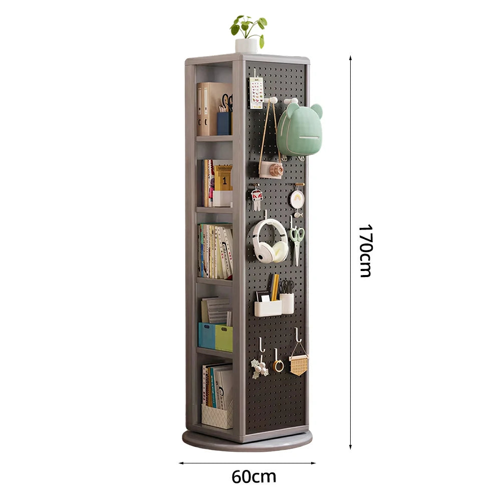 LIVARA Rotating Solid Wood Dressing Mirror & Bookshelf - Three Sixty Swivel Full-Length Mirror with Storage Shelves & Pegboard for Kids Room - Grey