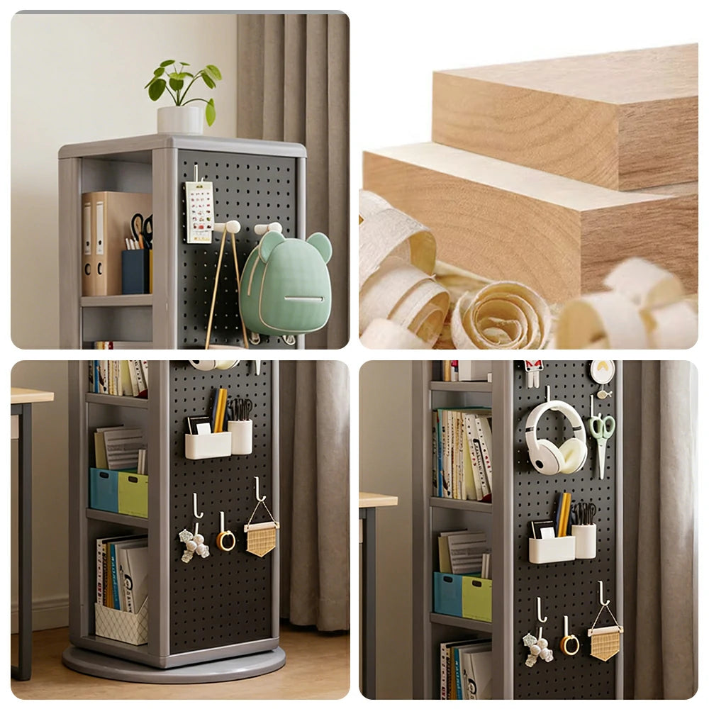 LIVARA Rotating Solid Wood Dressing Mirror & Bookshelf - Three Sixty Swivel Full-Length Mirror with Storage Shelves & Pegboard for Kids Room - Grey