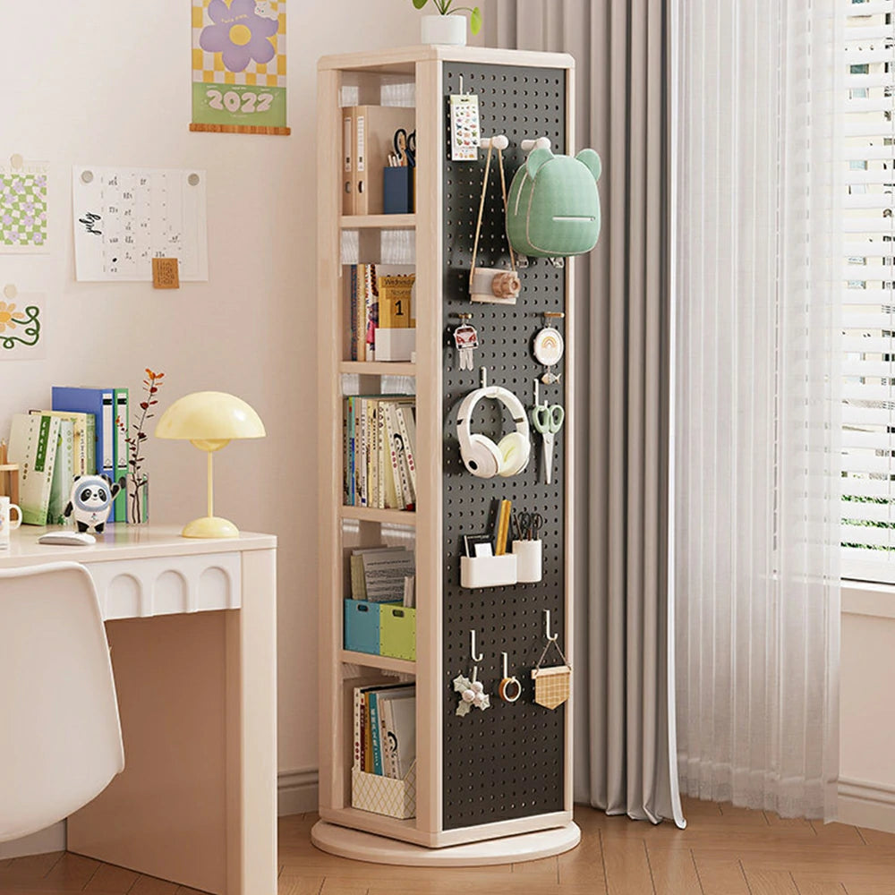 LIVARA Rotating Solid Wood Dressing Mirror & Bookshelf - Three Sixty Swivel Full-Length Mirror with Storage Shelves & Pegboard for Kids Room - White