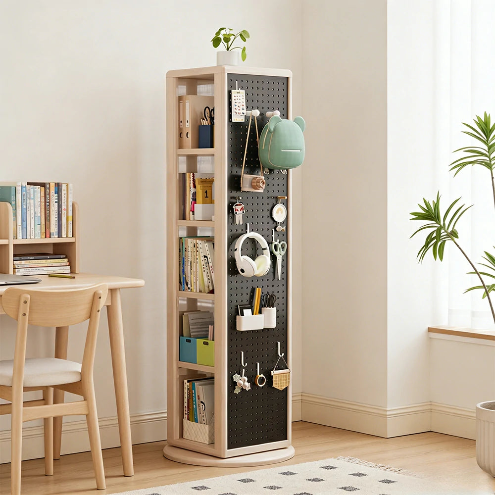 LIVARA Rotating Solid Wood Dressing Mirror & Bookshelf - Three Sixty Swivel Full-Length Mirror with Storage Shelves & Pegboard for Kids Room - White
