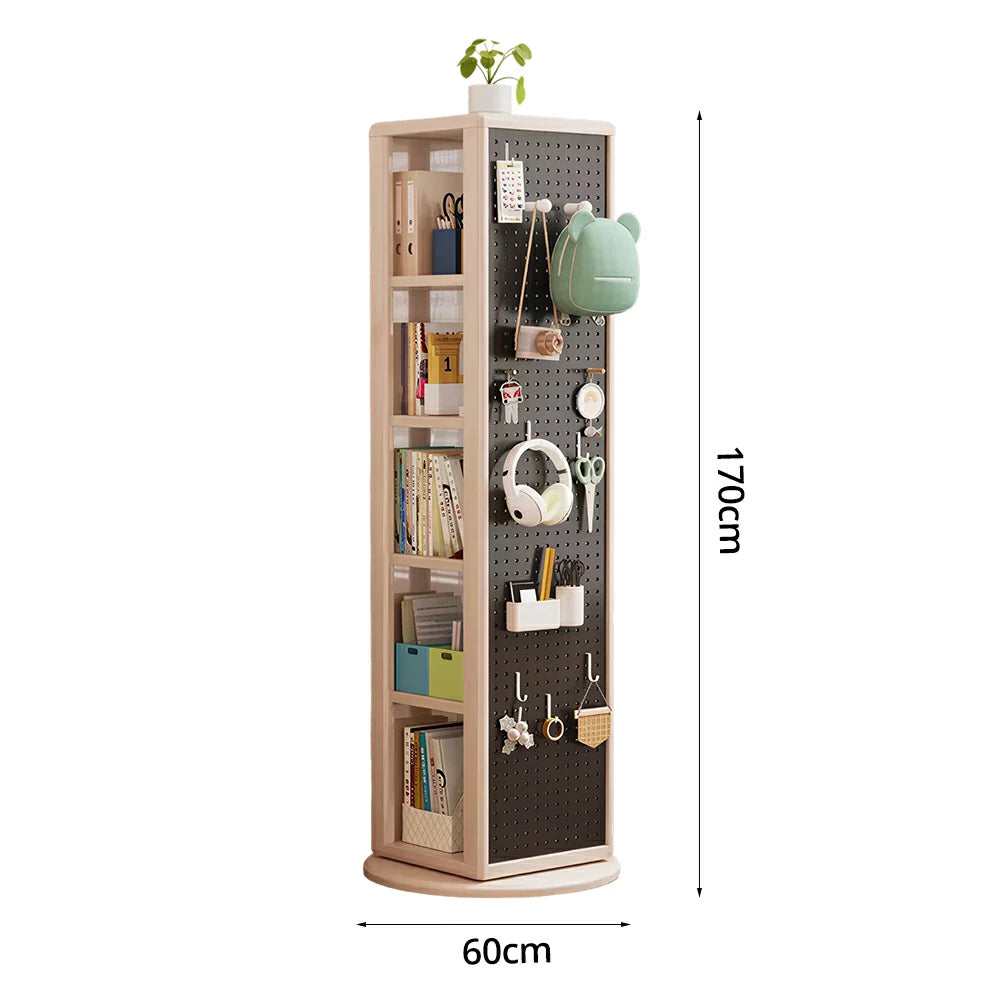 LIVARA Rotating Solid Wood Dressing Mirror & Bookshelf - Three Sixty Swivel Full-Length Mirror with Storage Shelves & Pegboard for Kids Room - White