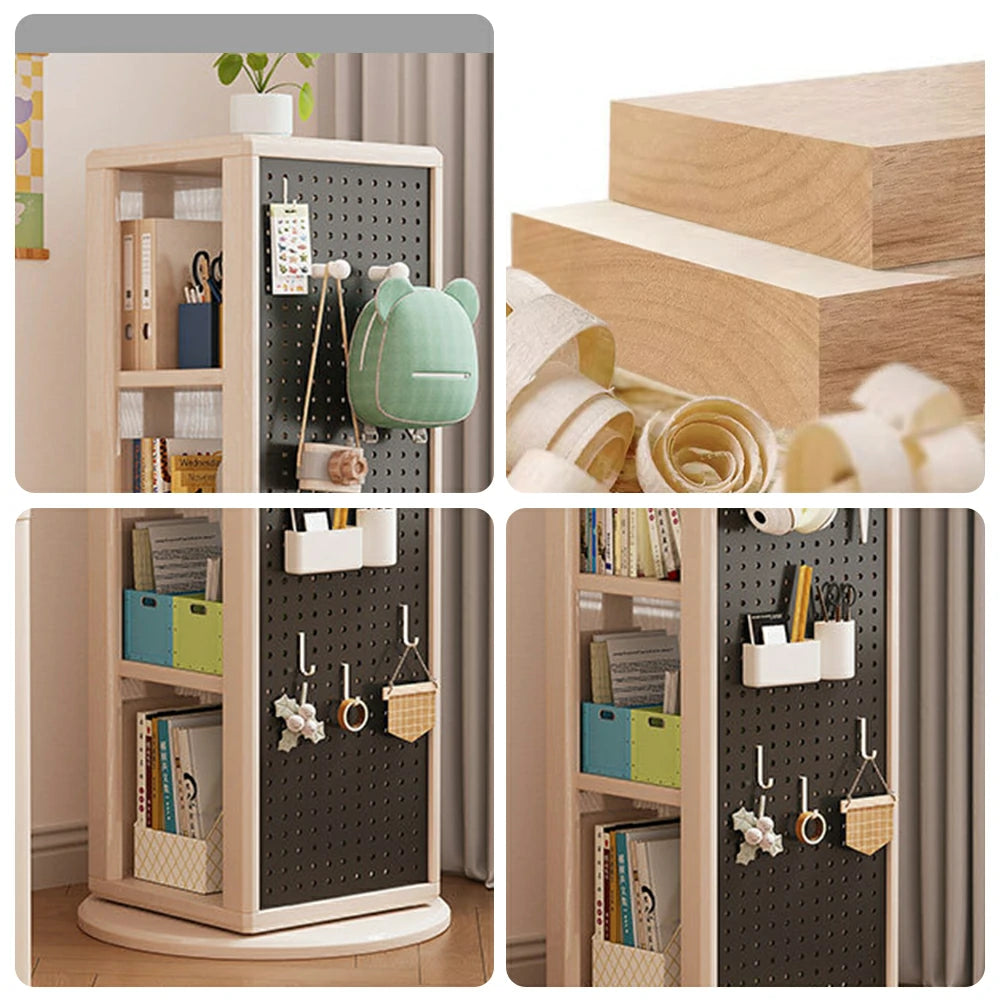 LIVARA Rotating Solid Wood Dressing Mirror & Bookshelf - Three Sixty Swivel Full-Length Mirror with Storage Shelves & Pegboard for Kids Room - White