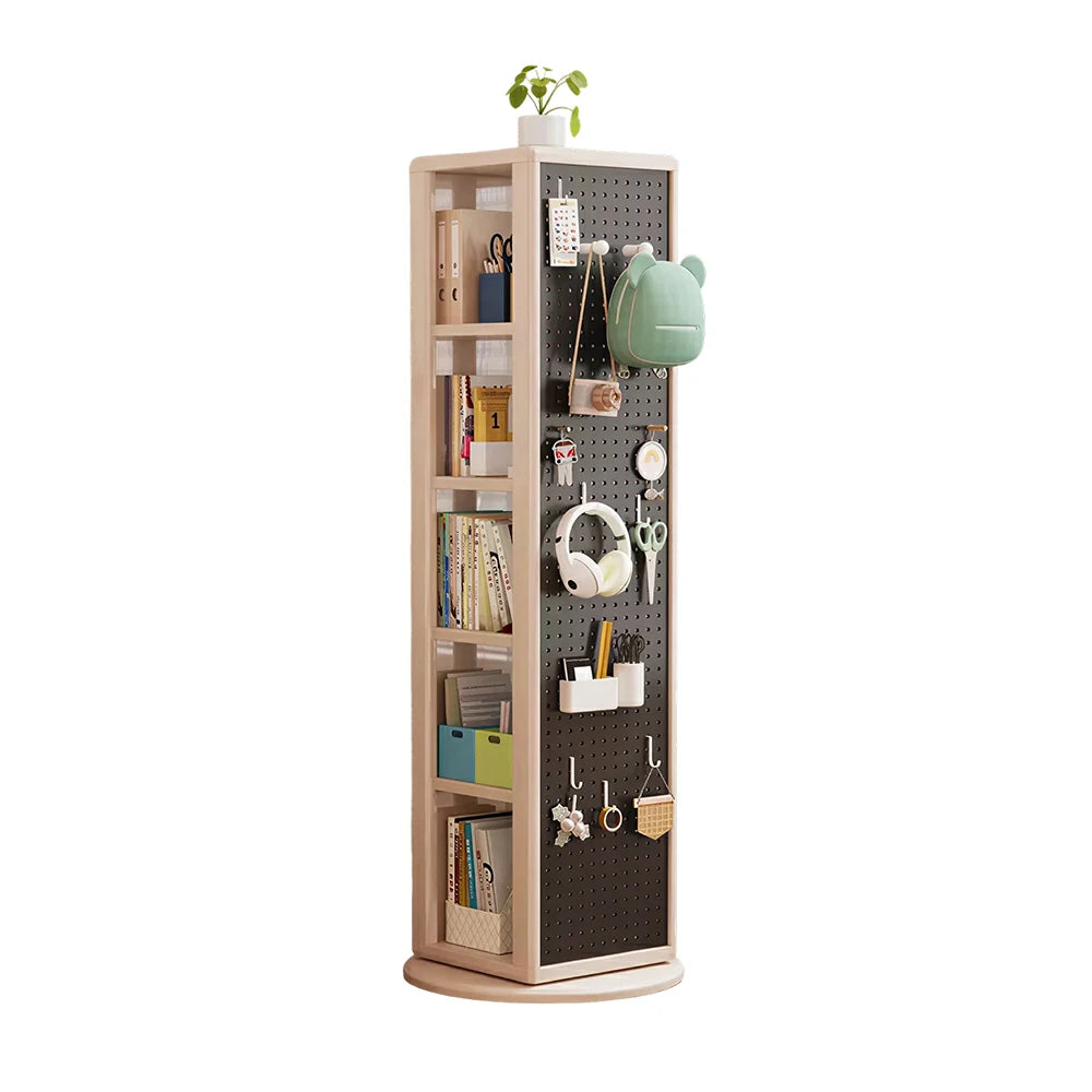 LIVARA Rotating Solid Wood Dressing Mirror & Bookshelf - Three Sixty Swivel Full-Length Mirror with Storage Shelves & Pegboard for Kids Room - White
