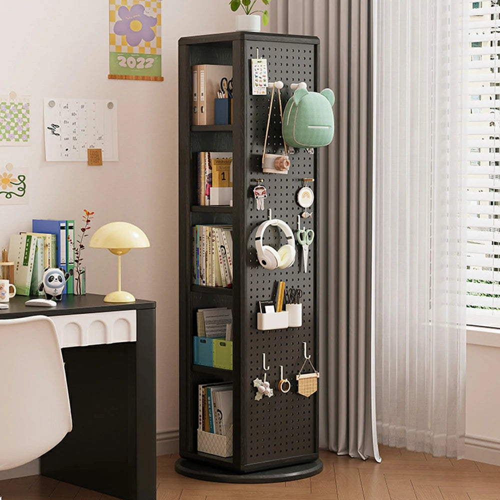 LIVARA Rotating Solid Wood Dressing Mirror & Bookshelf - Three Sixty Swivel Full-Length Mirror with Storage Shelves & Pegboard for Kids Room - Black
