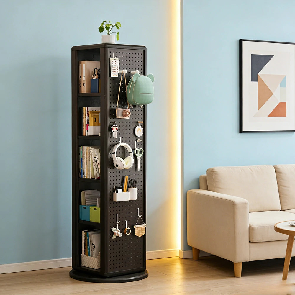 LIVARA Rotating Solid Wood Dressing Mirror & Bookshelf - Three Sixty Swivel Full-Length Mirror with Storage Shelves & Pegboard for Kids Room - Black