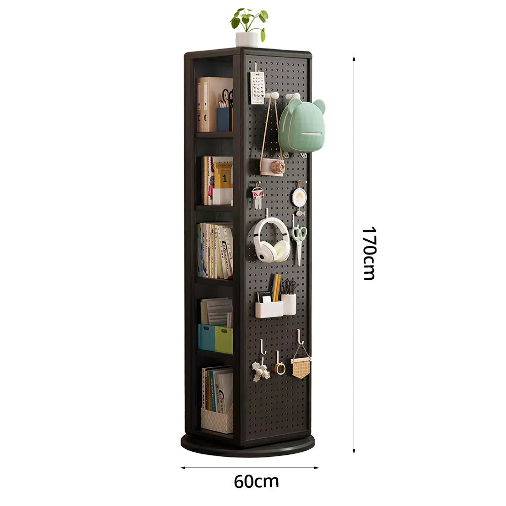 LIVARA Rotating Solid Wood Dressing Mirror & Bookshelf - Three Sixty Swivel Full-Length Mirror with Storage Shelves & Pegboard for Kids Room - Black