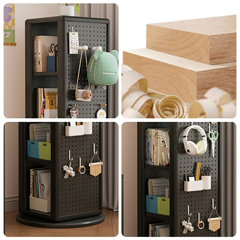 LIVARA Rotating Solid Wood Dressing Mirror & Bookshelf - Three Sixty Swivel Full-Length Mirror with Storage Shelves & Pegboard for Kids Room - Black