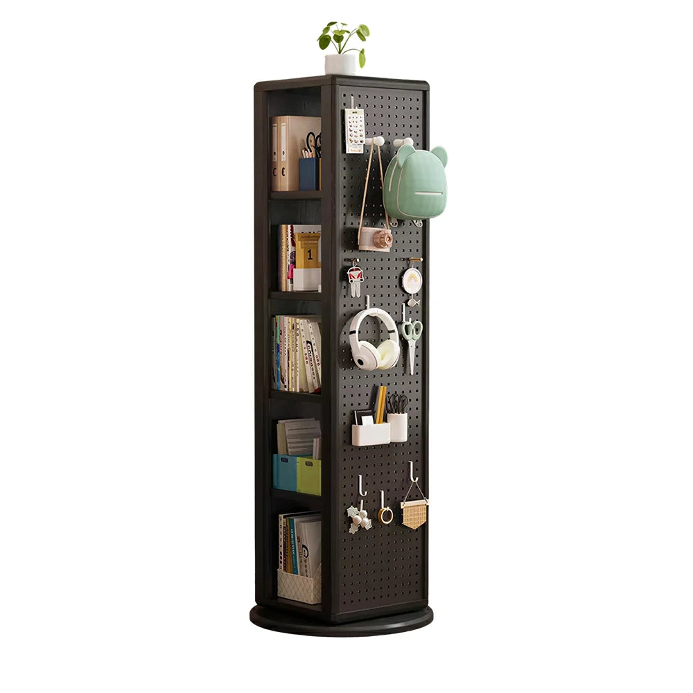 LIVARA Rotating Solid Wood Dressing Mirror & Bookshelf - Three Sixty Swivel Full-Length Mirror with Storage Shelves & Pegboard for Kids Room - Black