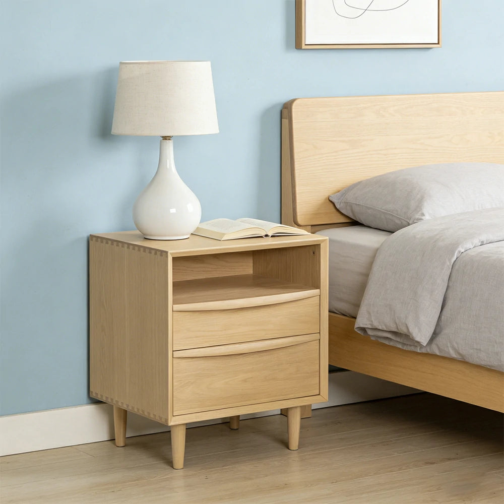 LIVARA Nordic Solid Pine Wood Nightstand - Double Drawer Bedside Table with Open Shelf, Curved Front & Raised Legs, Compact Storage Cabinet - Natural
