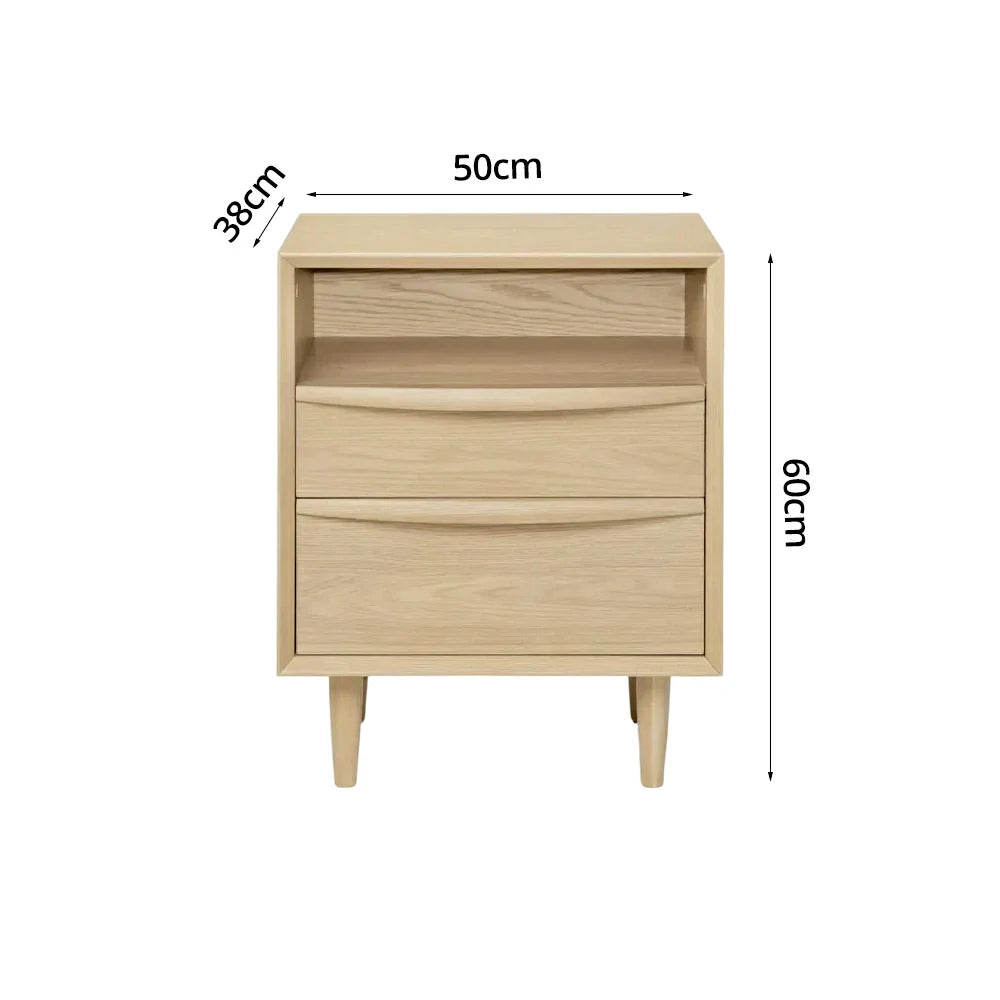 LIVARA Nordic Solid Pine Wood Nightstand - Double Drawer Bedside Table with Open Shelf, Curved Front & Raised Legs, Compact Storage Cabinet - Natural