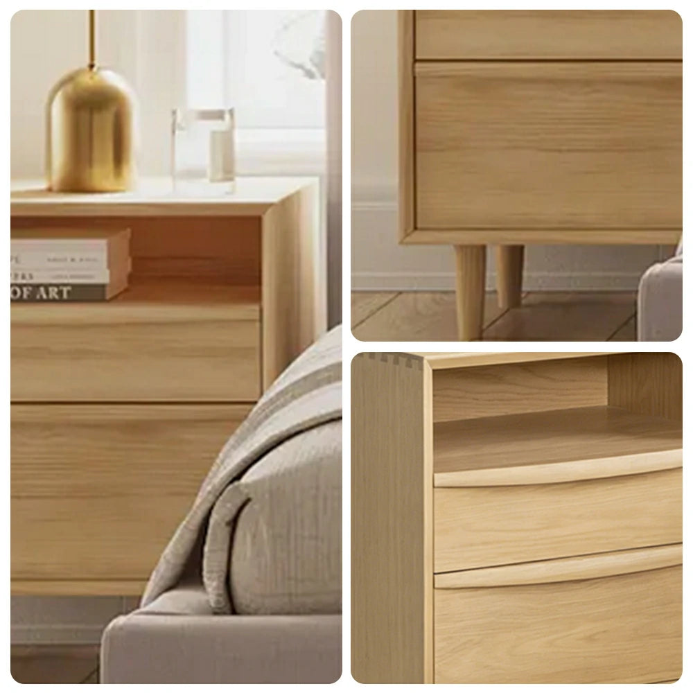 LIVARA Nordic Solid Pine Wood Nightstand - Double Drawer Bedside Table with Open Shelf, Curved Front & Raised Legs, Compact Storage Cabinet - Natural