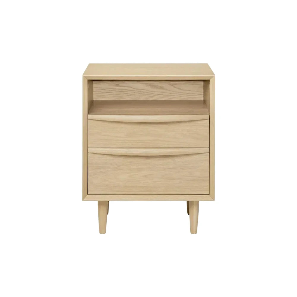 LIVARA Nordic Solid Pine Wood Nightstand - Double Drawer Bedside Table with Open Shelf, Curved Front & Raised Legs, Compact Storage Cabinet - Natural