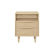 LIVARA Nordic Solid Pine Wood Nightstand - Double Drawer Bedside Table with Open Shelf, Curved Front & Raised Legs, Compact Storage Cabinet - Natural