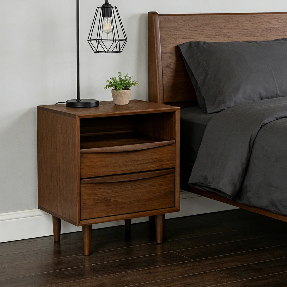 LIVARA Nordic New Zealand Pine Wood Nightstand - Double Drawer Bedside Table with Open Shelf, Curved Front & Raised Legs, Compact Storage Cabinet - Walnut