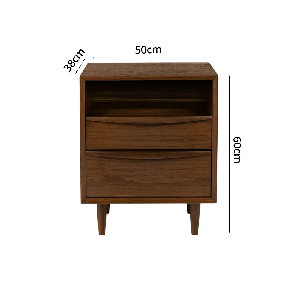 LIVARA Nordic New Zealand Pine Wood Nightstand - Double Drawer Bedside Table with Open Shelf, Curved Front & Raised Legs, Compact Storage Cabinet - Walnut