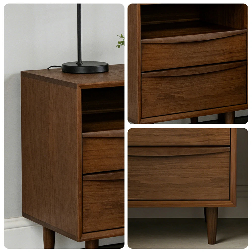 LIVARA Nordic New Zealand Pine Wood Nightstand - Double Drawer Bedside Table with Open Shelf, Curved Front & Raised Legs, Compact Storage Cabinet - Walnut