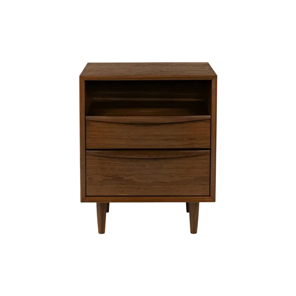 LIVARA Nordic New Zealand Pine Wood Nightstand - Double Drawer Bedside Table with Open Shelf, Curved Front & Raised Legs, Compact Storage Cabinet - Walnut