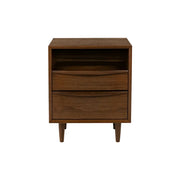 LIVARA Nordic New Zealand Pine Wood Nightstand - Double Drawer Bedside Table with Open Shelf, Curved Front & Raised Legs, Compact Storage Cabinet - Walnut