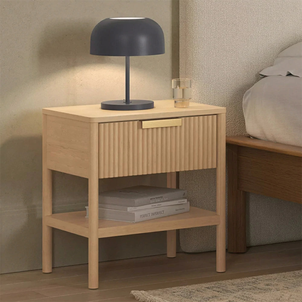 LIVARA Solid Wood Bedside Table - Drawer and Open Shelf Storage, Vertical Slatted Design, Elevated Legs, Natural Timber Grain - Wood