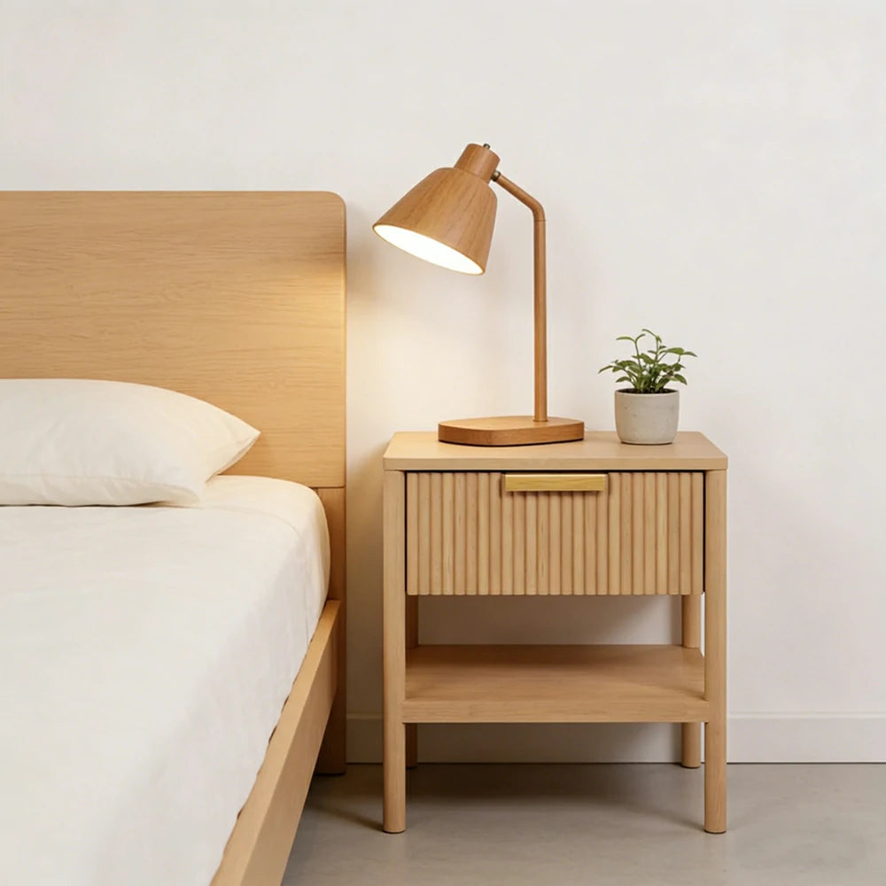 LIVARA Solid Wood Bedside Table - Drawer and Open Shelf Storage, Vertical Slatted Design, Elevated Legs, Natural Timber Grain - Wood