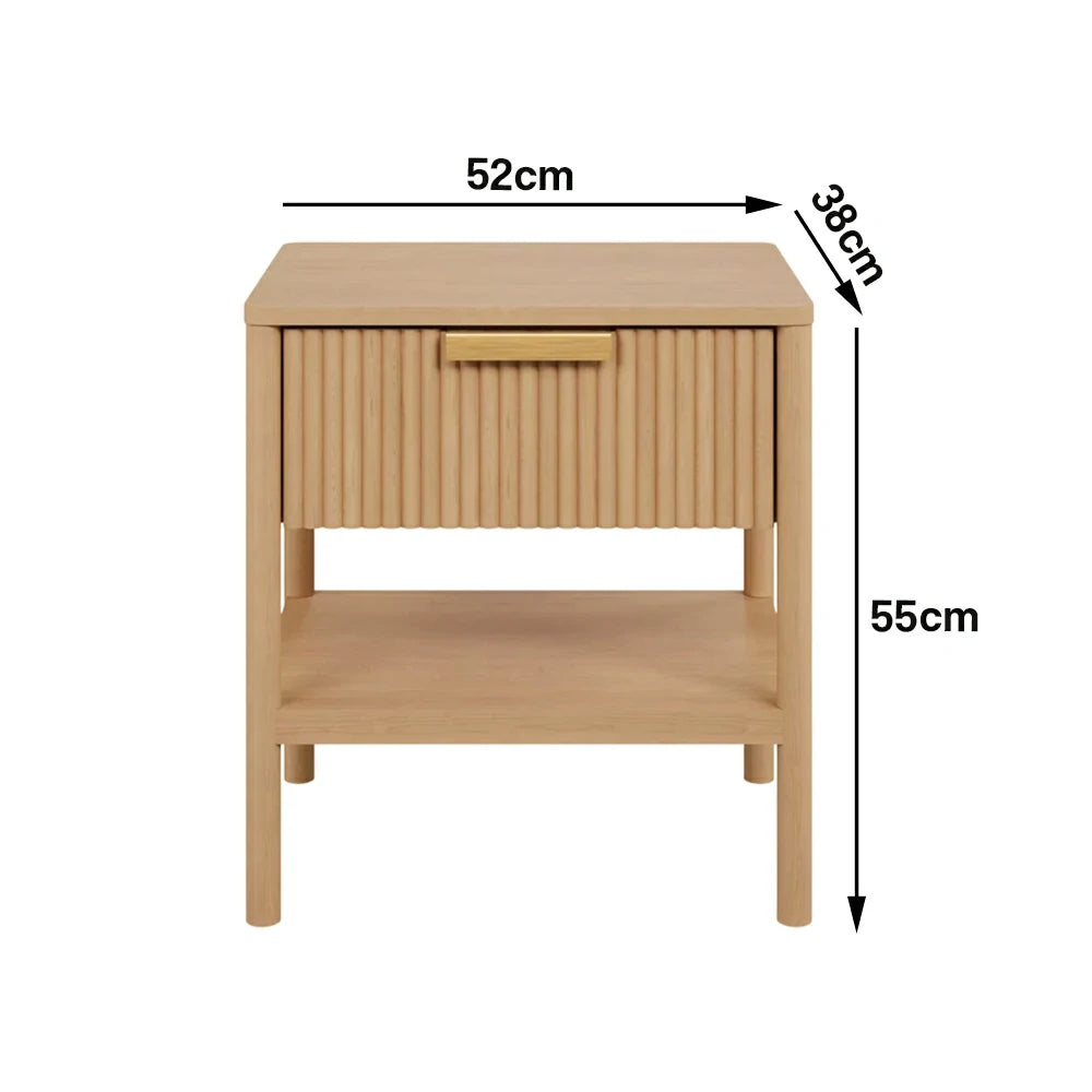 LIVARA Solid Wood Bedside Table - Drawer and Open Shelf Storage, Vertical Slatted Design, Elevated Legs, Natural Timber Grain - Wood
