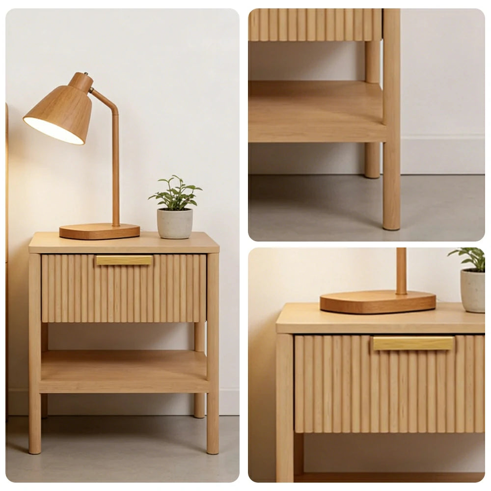 LIVARA Solid Wood Bedside Table - Drawer and Open Shelf Storage, Vertical Slatted Design, Elevated Legs, Natural Timber Grain - Wood