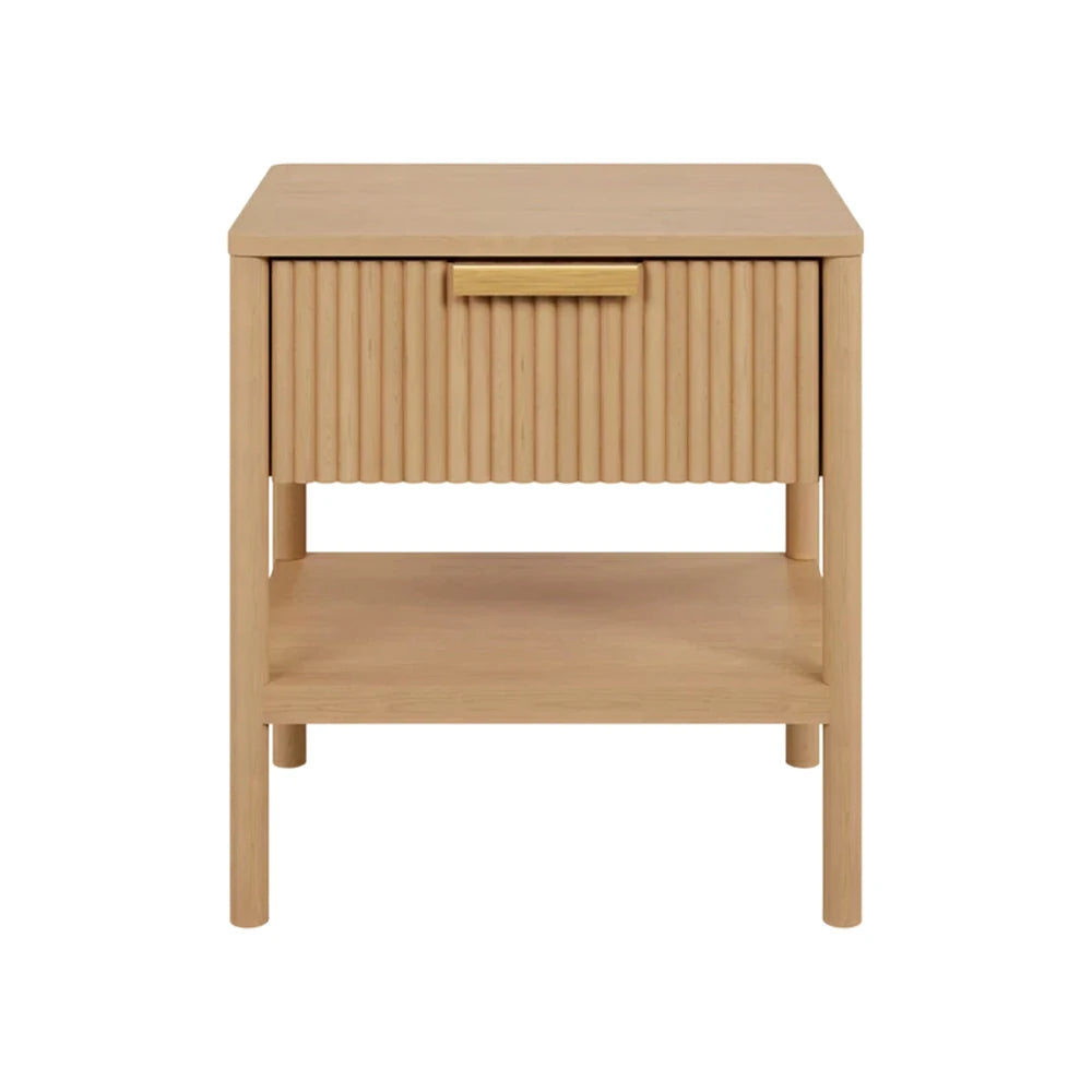 LIVARA Solid Wood Bedside Table - Drawer and Open Shelf Storage, Vertical Slatted Design, Elevated Legs, Natural Timber Grain - Wood
