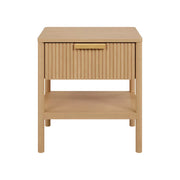 LIVARA Solid Wood Bedside Table - Drawer and Open Shelf Storage, Vertical Slatted Design, Elevated Legs, Natural Timber Grain - Wood