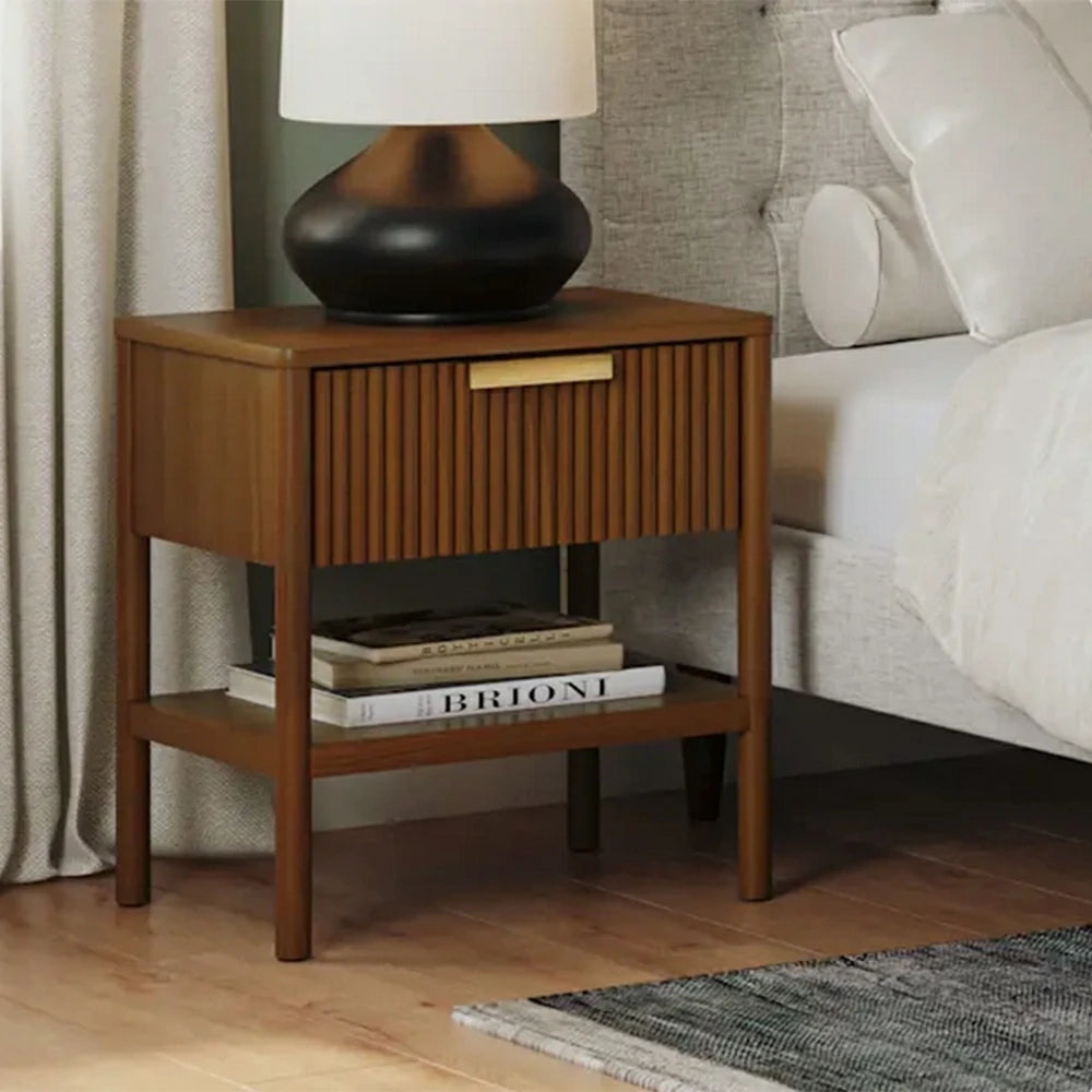 LIVARA Solid Wood Bedside Table - Drawer and Open Shelf Storage, Vertical Slatted Design, Elevated Legs, Natural Timber Grain - Walnut