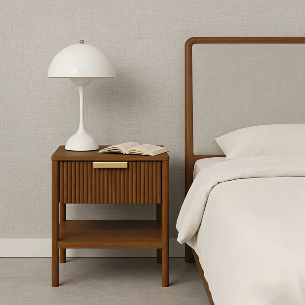 LIVARA Solid Wood Bedside Table - Drawer and Open Shelf Storage, Vertical Slatted Design, Elevated Legs, Natural Timber Grain - Walnut