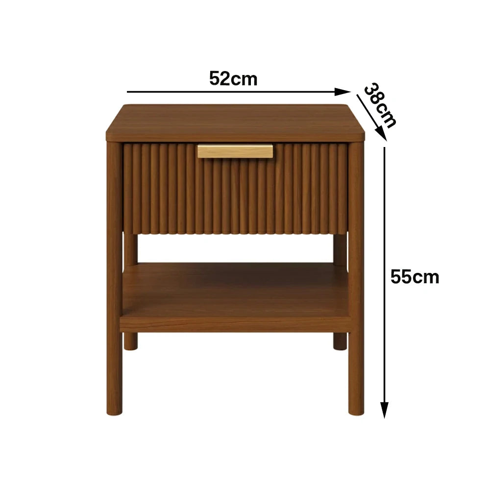 LIVARA Solid Wood Bedside Table - Drawer and Open Shelf Storage, Vertical Slatted Design, Elevated Legs, Natural Timber Grain - Walnut