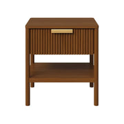 LIVARA Solid Wood Bedside Table - Drawer and Open Shelf Storage, Vertical Slatted Design, Elevated Legs, Natural Timber Grain - Walnut