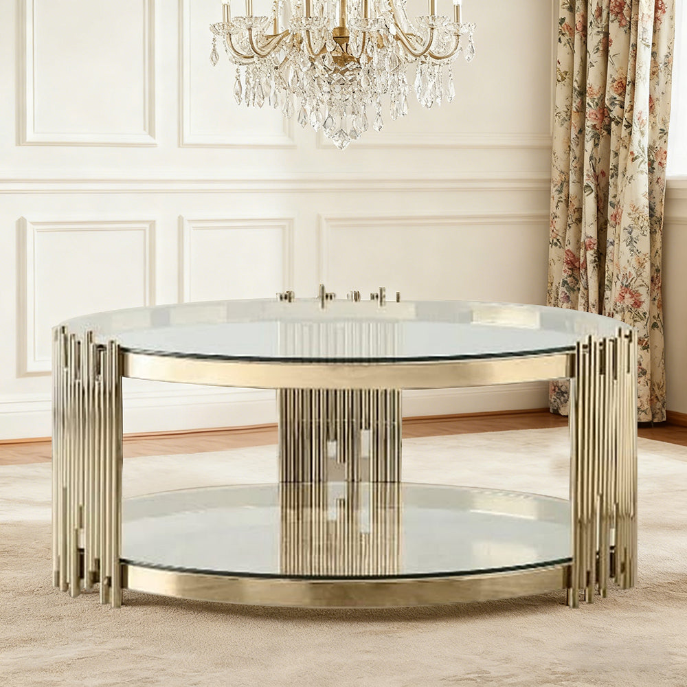 LIVARA Round Glass Coffee Table Two Tier Metal Frame Design Tempered Glass Modern Stable Build for Organised Living Spaces - Gold