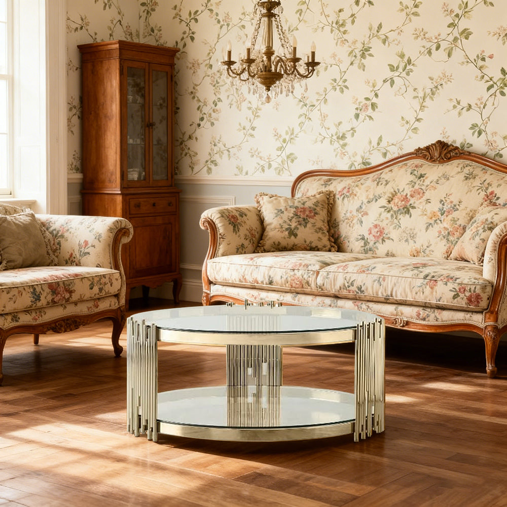LIVARA Round Glass Coffee Table Two Tier Metal Frame Design Tempered Glass Modern Stable Build for Organised Living Spaces - Gold