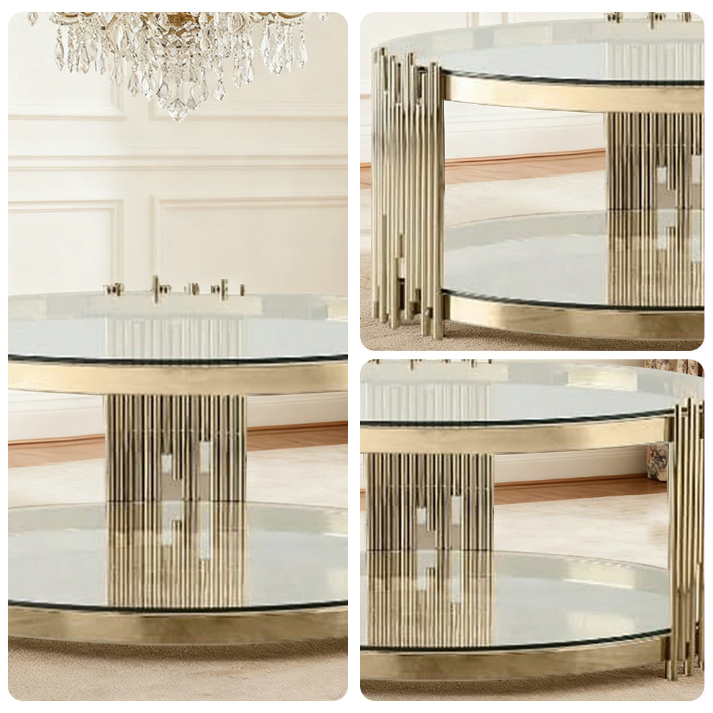 LIVARA Round Glass Coffee Table Two Tier Metal Frame Design Tempered Glass Modern Stable Build for Organised Living Spaces - Gold