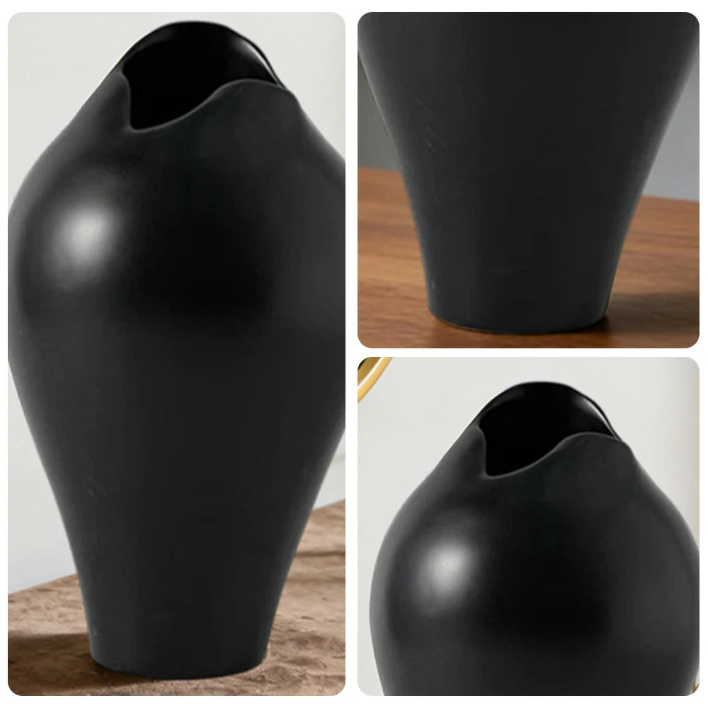 LIVARA Ceramic Vase Ornament Tropical Mid-Century Black Artistic Display Matte Ceramic Handcrafted Stone-Texture Design - Black