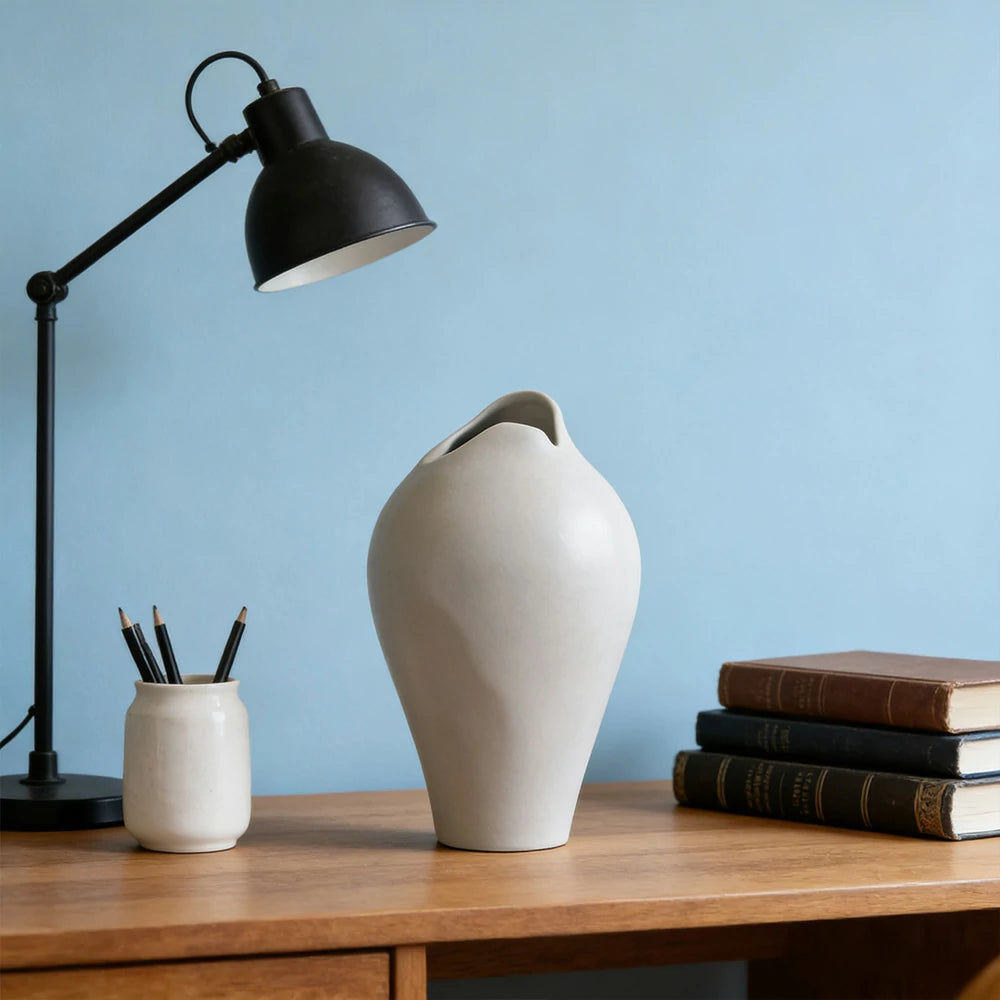 LIVARA Ceramic Vase Ornament Tropical Mid-Century Black Artistic Display Matte Ceramic Handcrafted Stone-Texture Design - White