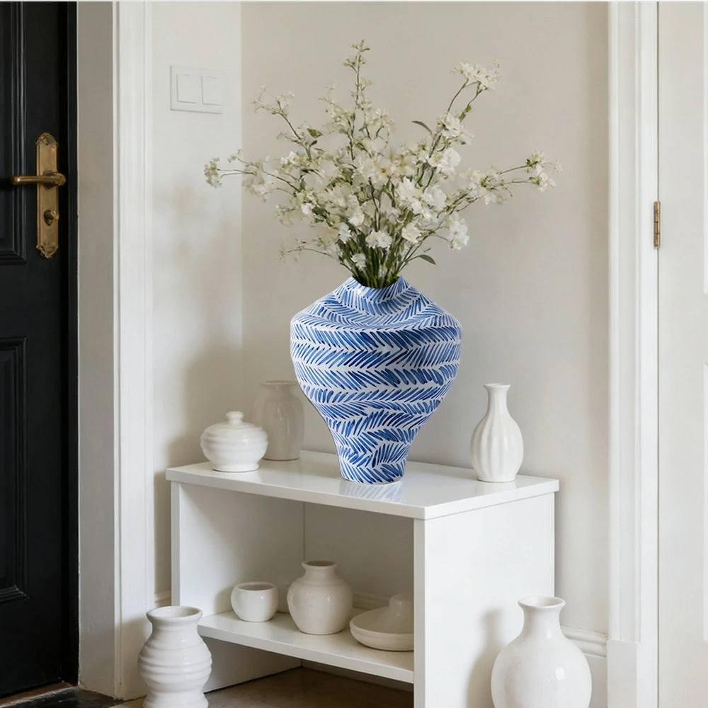 LIVARA Ceramic Vase Ornament Mid-Century Blue & White Theme Artistic Home Display Matte Ceramic Handcrafted Stone-Texture Finish