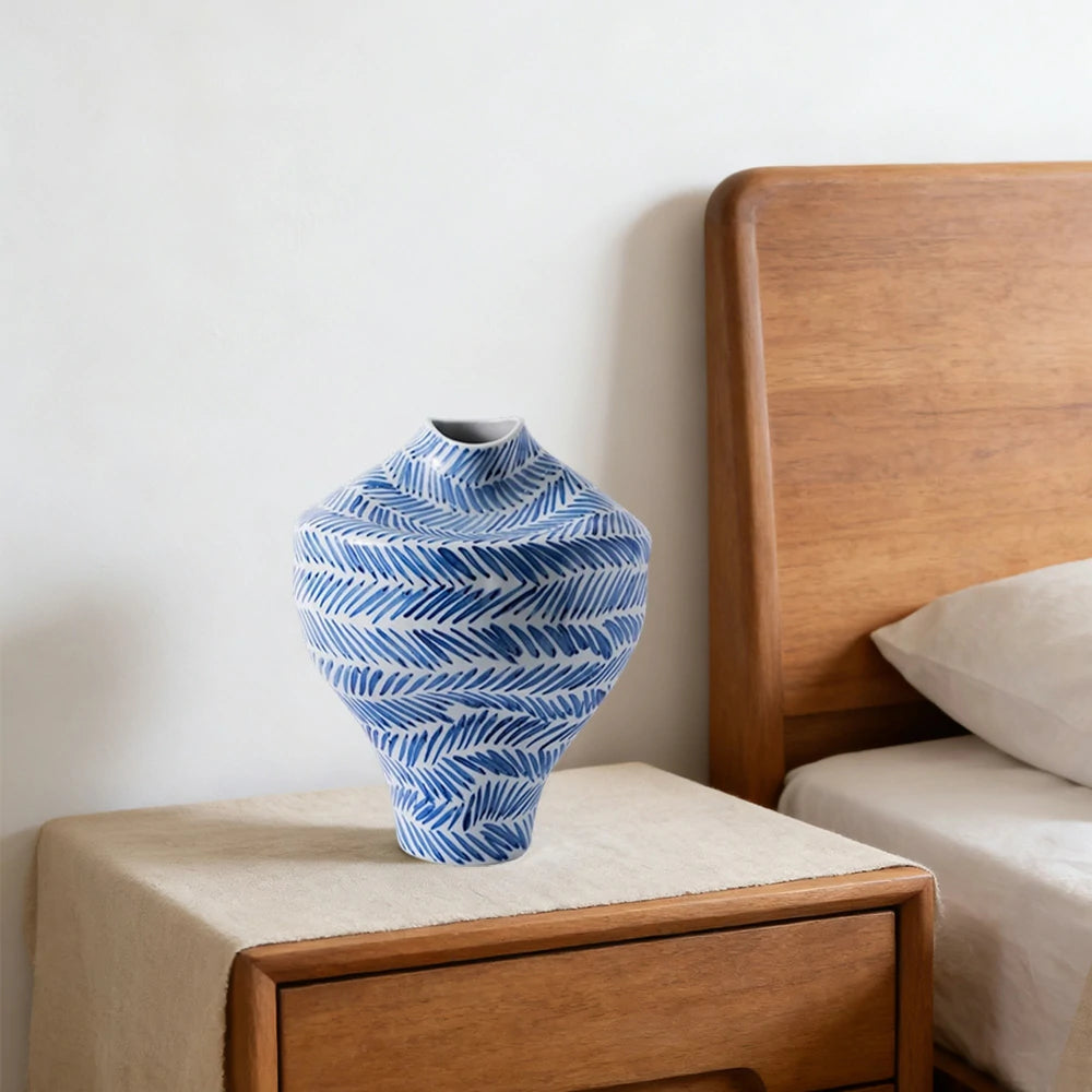 LIVARA Ceramic Vase Ornament Mid-Century Blue & White Theme Artistic Home Display Matte Ceramic Handcrafted Stone-Texture Finish