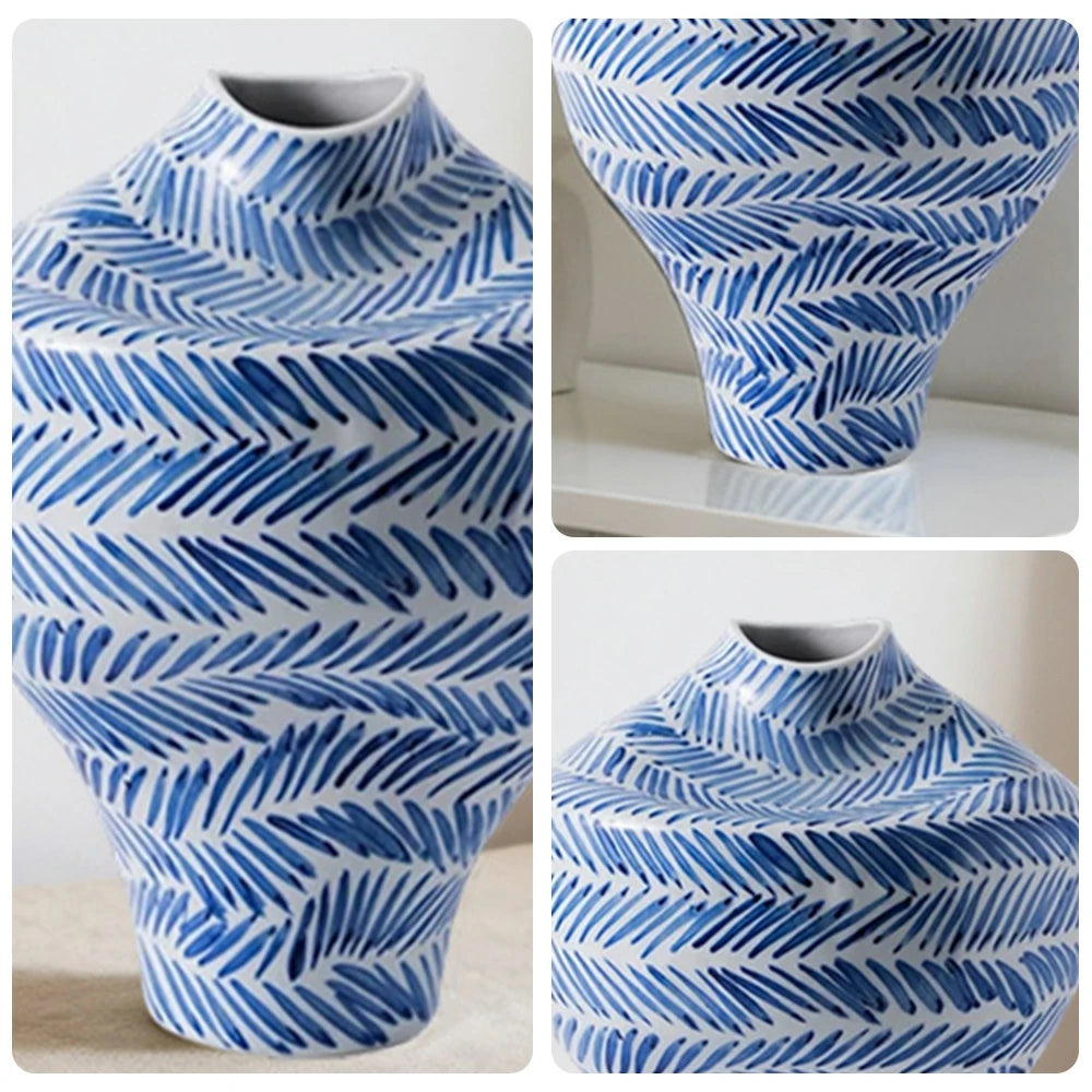 LIVARA Ceramic Vase Ornament Mid-Century Blue & White Theme Artistic Home Display Matte Ceramic Handcrafted Stone-Texture Finish