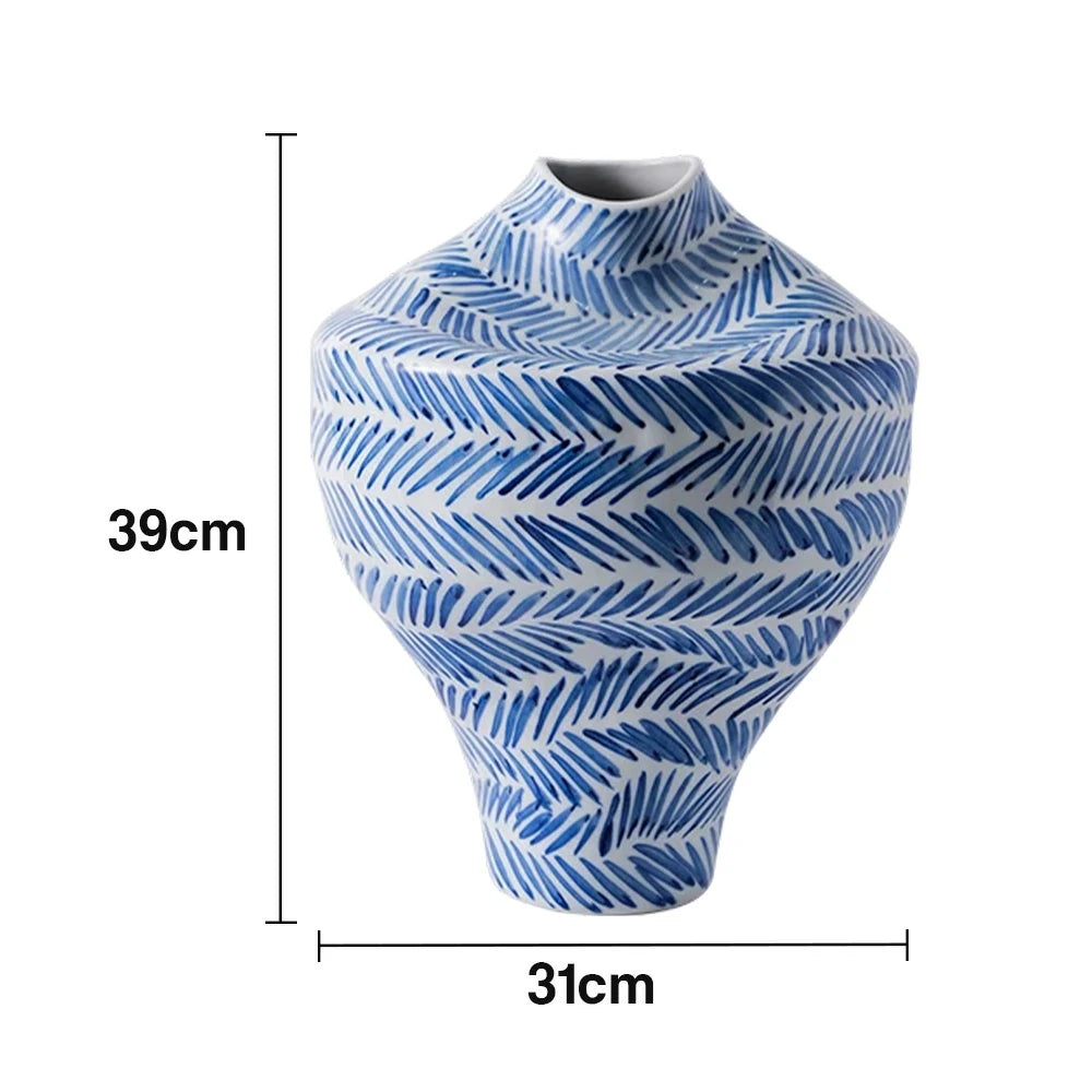 LIVARA Ceramic Vase Ornament Mid-Century Blue & White Theme Artistic Home Display Matte Ceramic Handcrafted Stone-Texture Finish