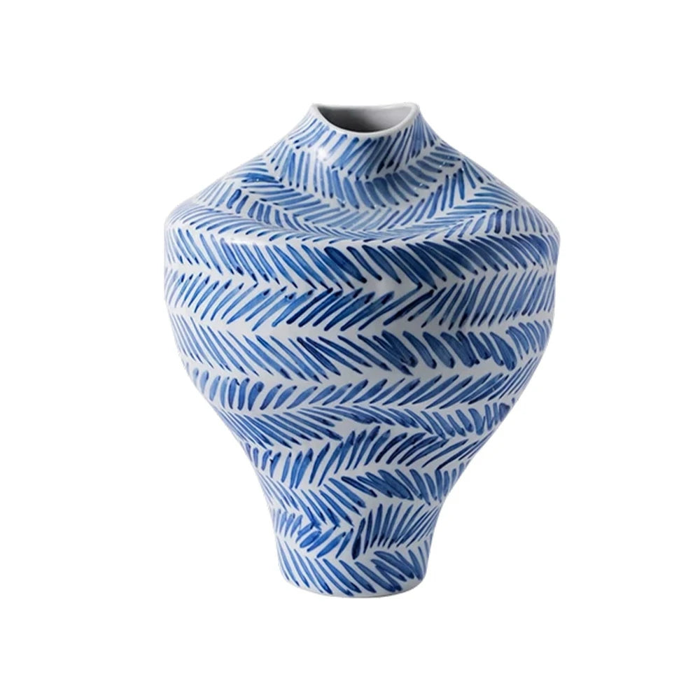 LIVARA Ceramic Vase Ornament Mid-Century Blue & White Theme Artistic Home Display Matte Ceramic Handcrafted Stone-Texture Finish