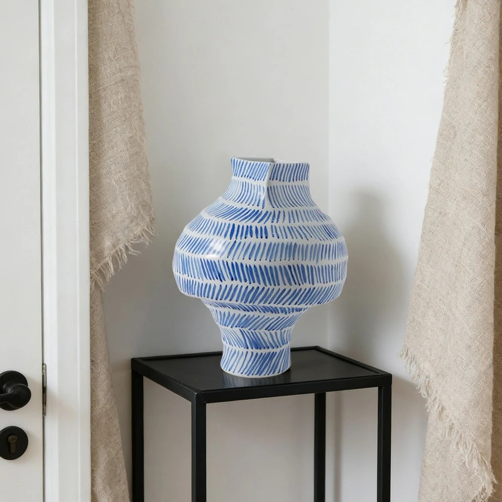 LIVARA Ceramic Vase Ornament Vintage Blue-and-White Aesthetic Decorative Display Matte Ceramic Handcrafted Textured Finish